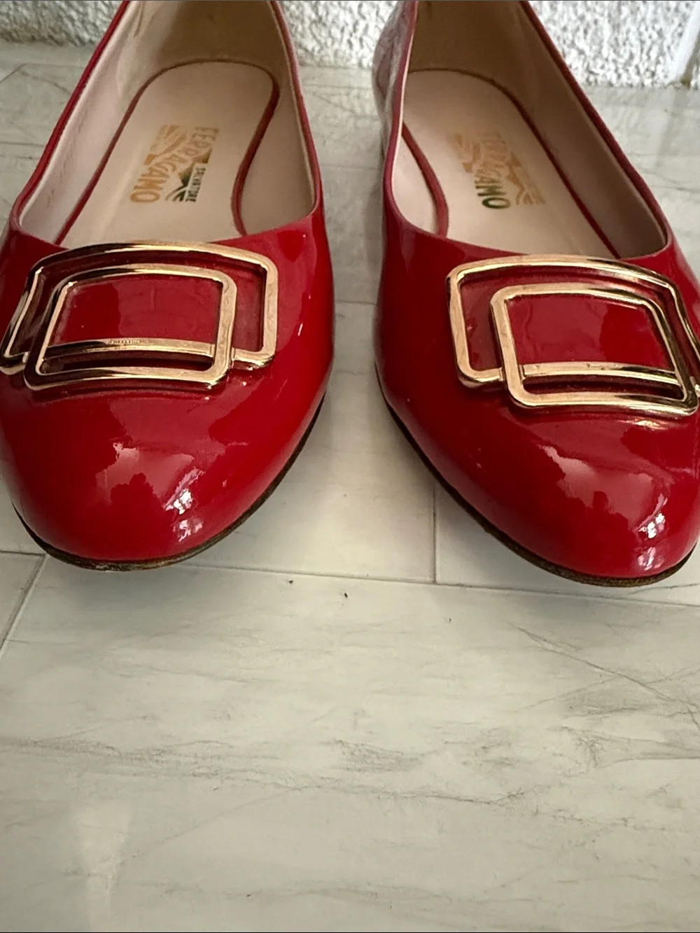 Salvatore Ferragamo Red Patent Leather Buckle Flats with Gold Hardware